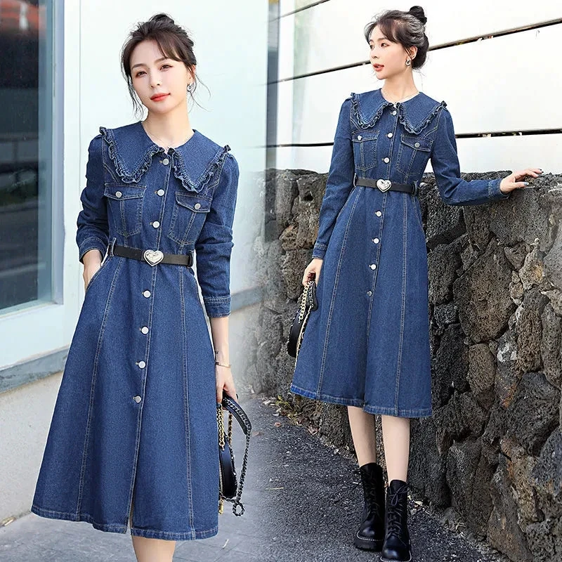 

Fashion Long Sleeve Denim Dress 2024 Spring Autumn New Single Breasted Jeans Dresses Elegant Peter Pan Collar Clothes Streetwear