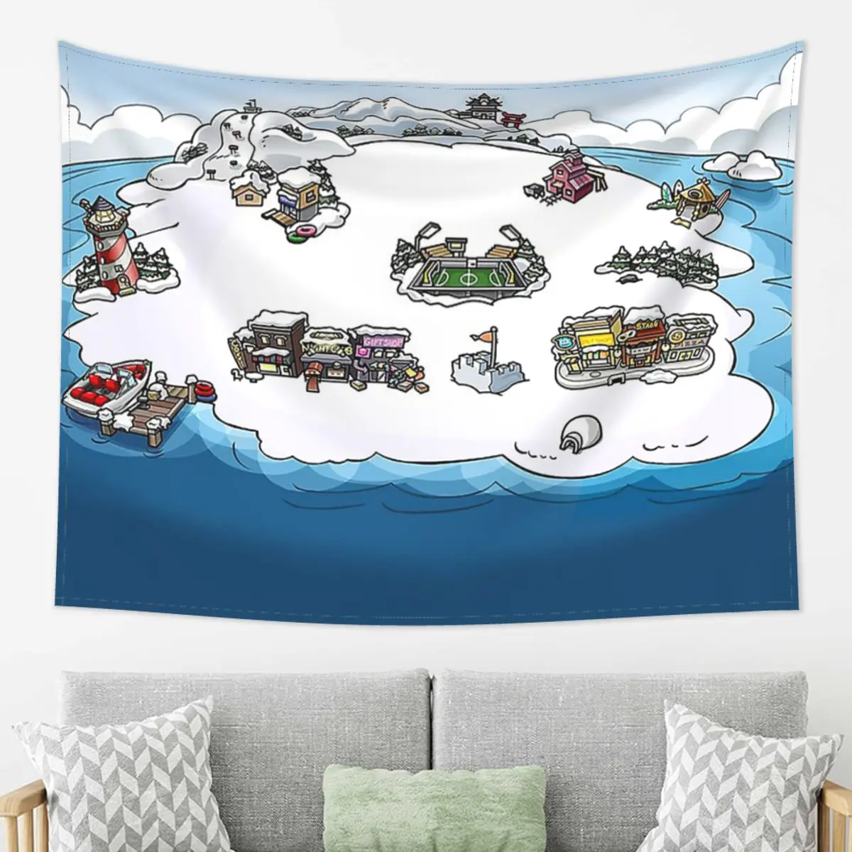 

Club Penguin Map Tapestry Decoration Art Aesthetic Tapestries for Living Room Bedroom Decor Home Hippie Wall Cloth Wall Hanging