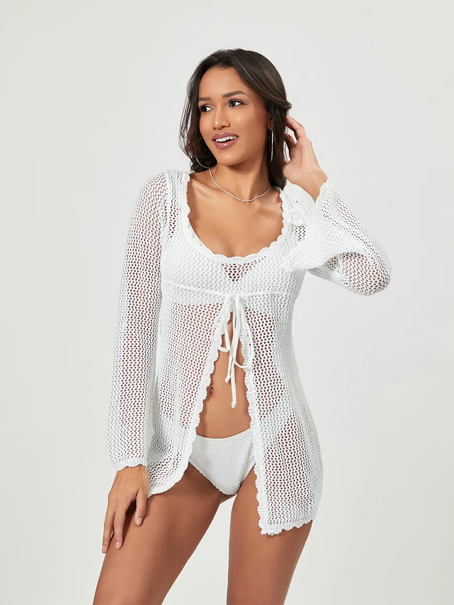 

Beach Cover Up for Women Crochet Knit Front Slit Tie Waist Bikini Bathing Suit Sexy Long Sleeve See Through Cover Ups