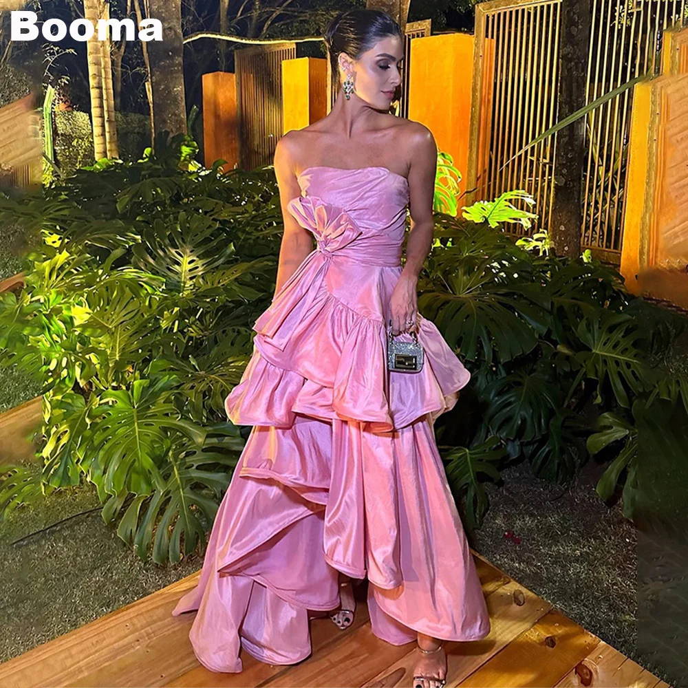 

Booma Pink A-Line Weding Guest Dresses Ruffles Tiered Taffeta Evening Dress for Women Strapless Long Formal Prom Party Gowns