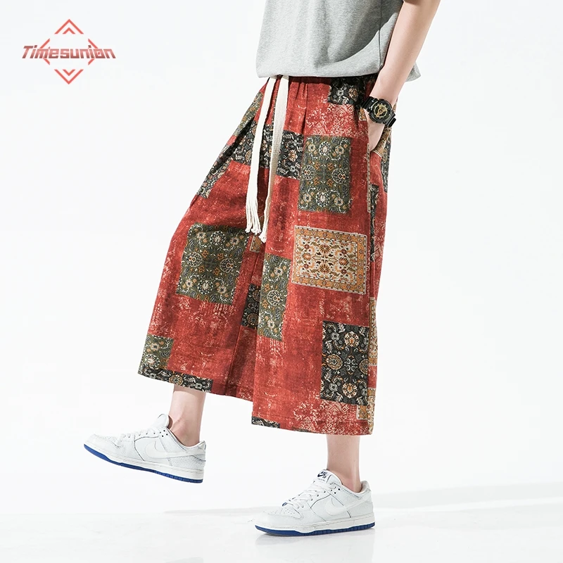 

Брюки мужские с широкими штанинами, повседневные штаны в китайском традиционном стиле Харадзюку, костюм кунг-фу Тан, хлопково-льняные штаны в этническом стиле