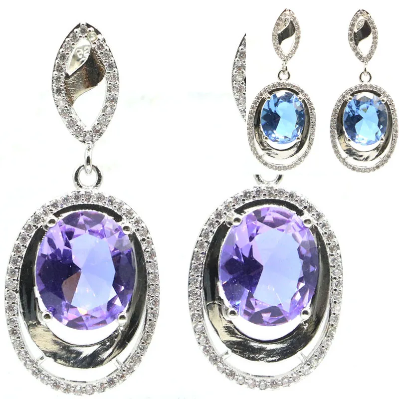 

38x16mm Highly Recommend Fire Rainbow Violet Changing Color Alexandrite Topaz White CZ Woman's Engagement Silver Earrings