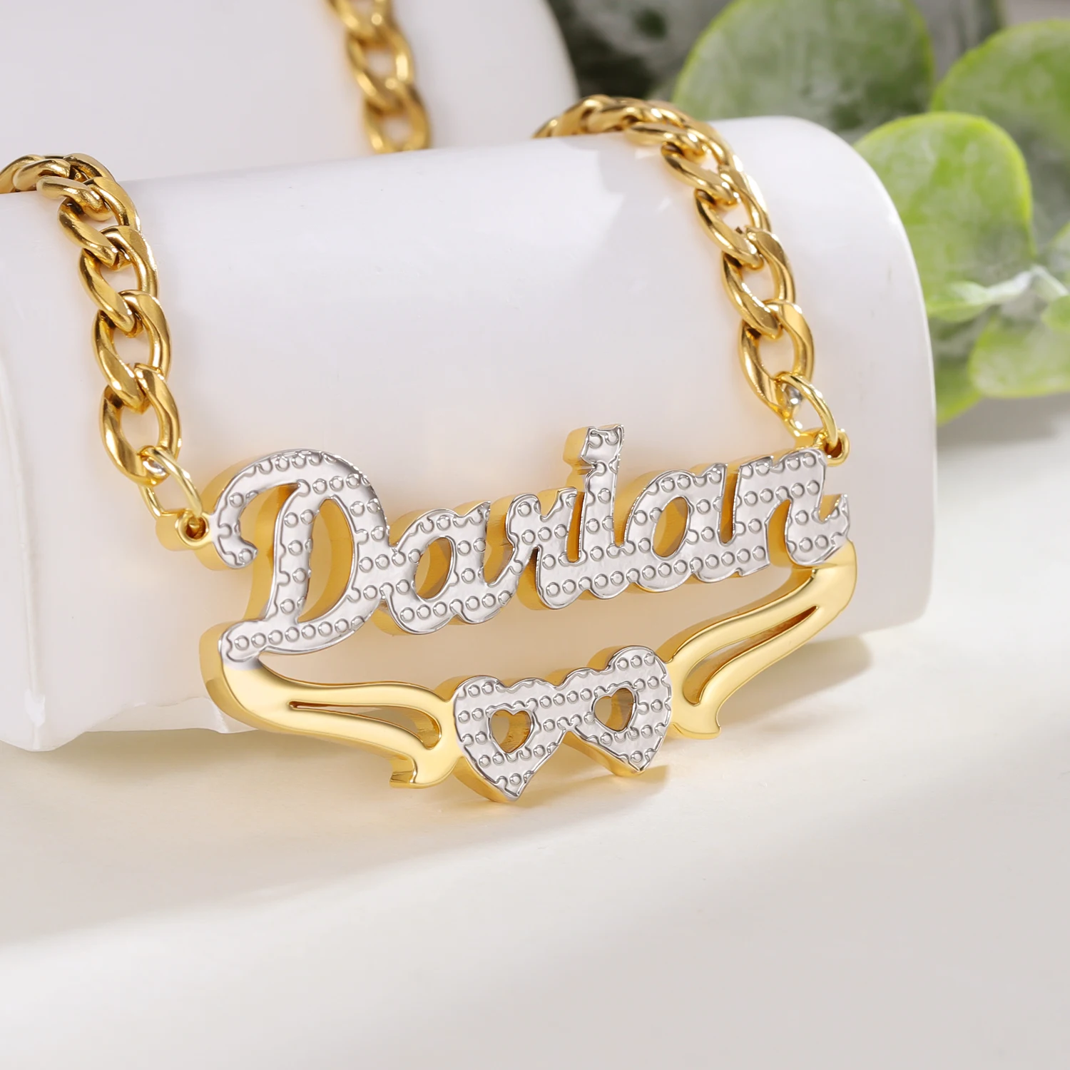 

Custom Name Necklace Double Layer Two Tone Two Hearts Personalized 14K Gold Plated Stainless Steel Cuban Chain Necklace For Wome