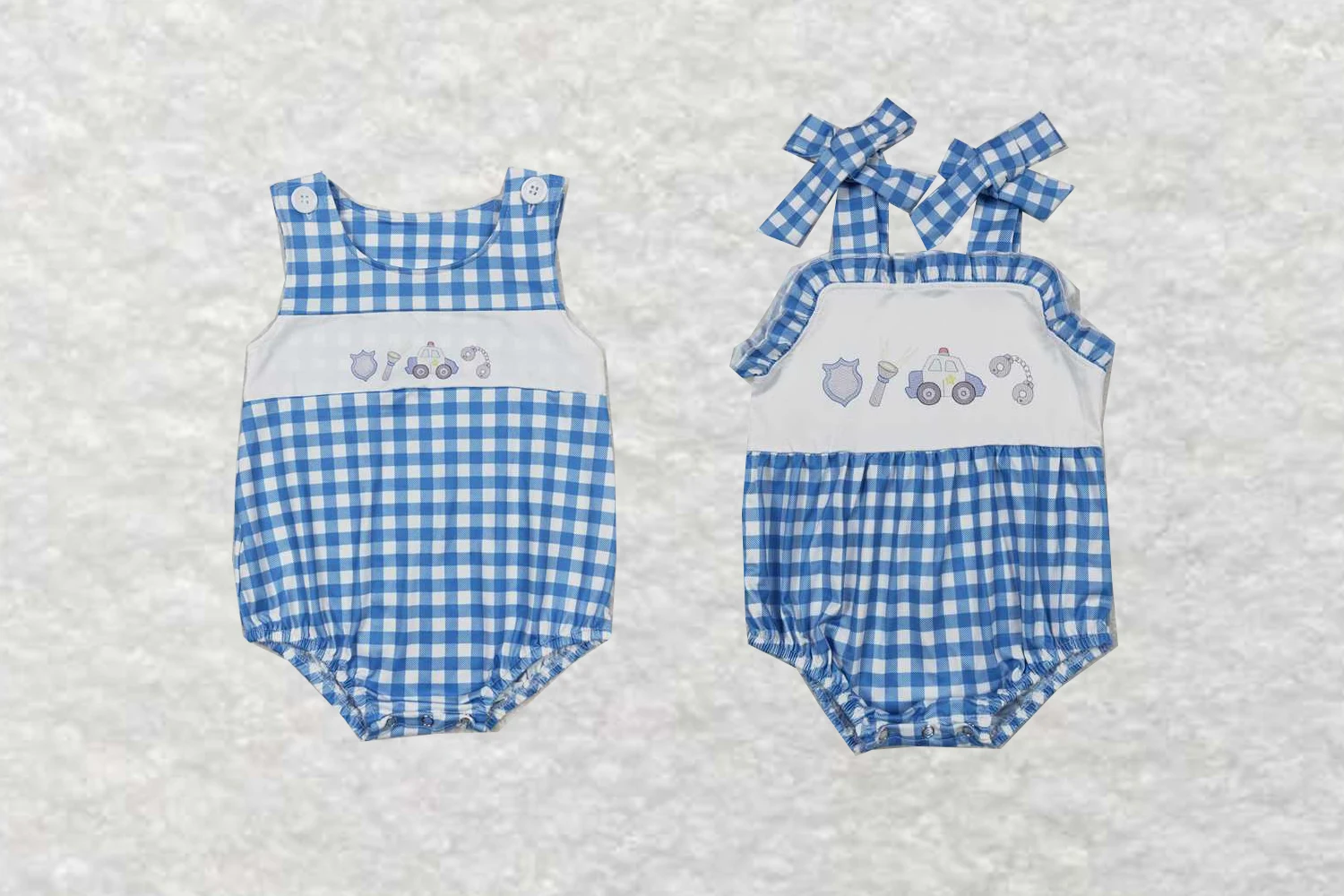 

Wholesale hot sale western boutique baby kids newborn children toddler clothes Blue and white checkered lace camisole onesies
