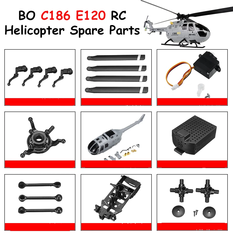 BO105 C186 E120 RC Helicopter Spare Parts Remote Controller Propellers Tripod Charger Rotor Head Steering Gear Shell
BO105 C186 E120 RC Helicopter Spare Parts Remote Controller Propellers Tripod Charger Rotor Head Steering Gear Shell