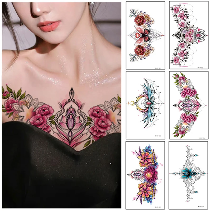 

Цветные Цветочные Временные татуировки для женщин и девочек, реалистичные тату-наклейки в виде роз, бабочек, цветов, накладные тату-наклейки, 3D татуировки на грудь и тело
