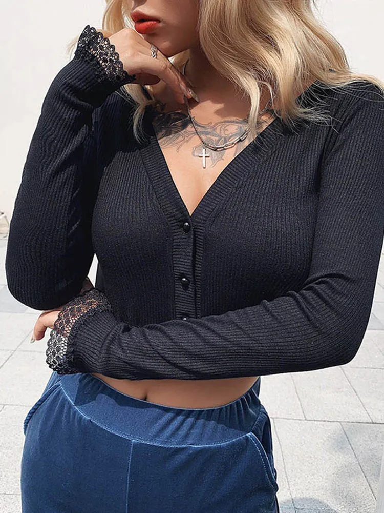 Elegant Ribbed Knitted Lace Crop Top Women Tshirts Thin Sweater Slim V-Neck Tees French Style T Shirts Mujer Outfits
Elegant Ribbed Knitted Lace Crop Top Women Tshirts Thin Sweater Slim V-Neck Tees French Style T Shirts Mujer Outfits
