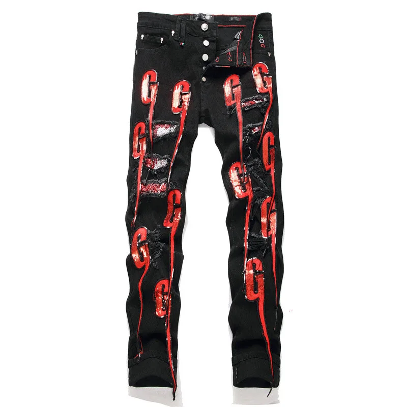 

2024 Punk Men Black Distressed Patch Jeans Streetwear Holes Ripped Patchwork Stretch Denim Pants Slim Skinny Trousers