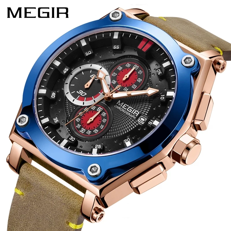

MEGIR Fashion Quartz Mens Watches Top Brand Luxury Leather Strap Sport Chronograph Wristwatch for Men Clock Relogio Masculino
