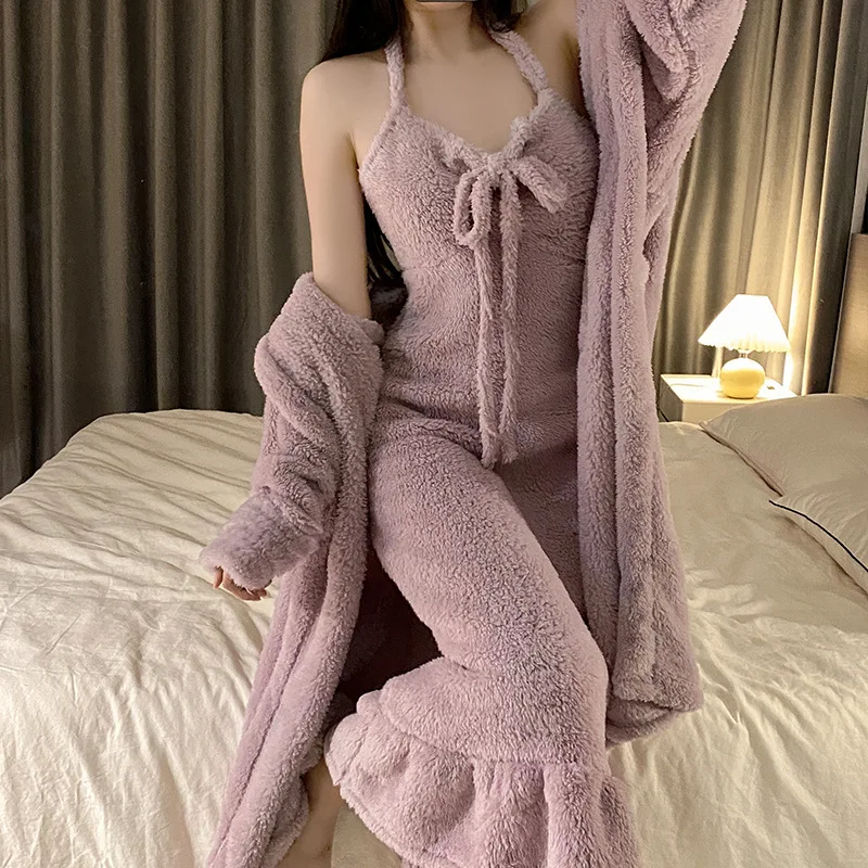 

Sexy Nightwear Flannel Pijama Nightgown Women's Robes Coral Velvet Thick Bathrobe Coral Fleece Nightdress Sets Sexy Home Service