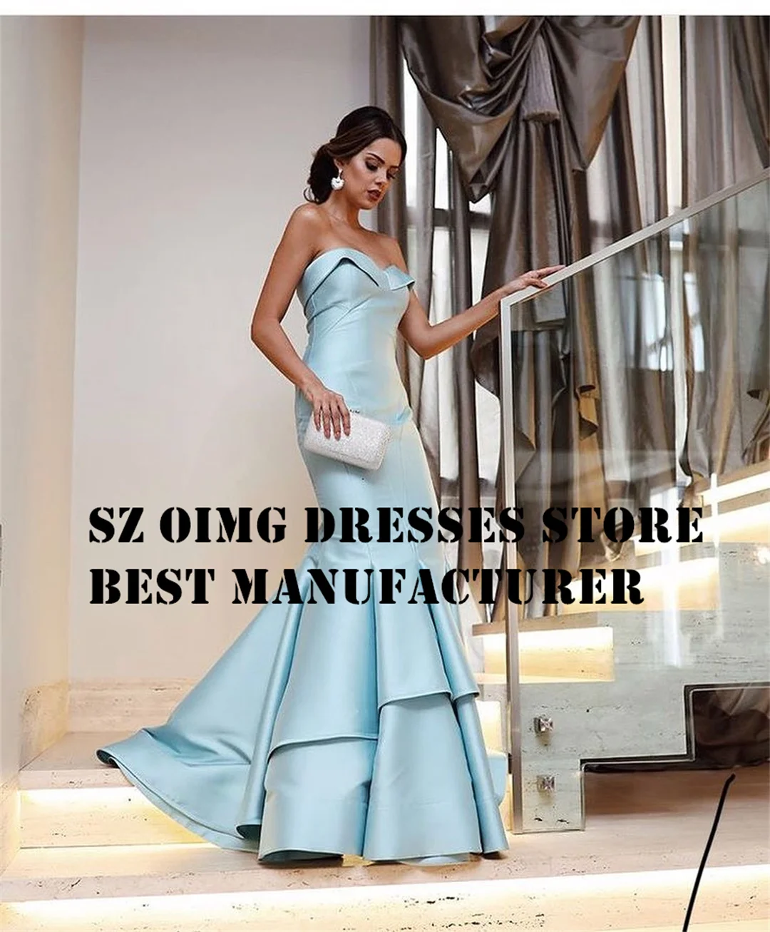 

OIMG Elegant Satin Prom Dresses Sweetheart Mermaid Floor Length Sky Blue Layered Women Evening Gowns Formal Party Dress