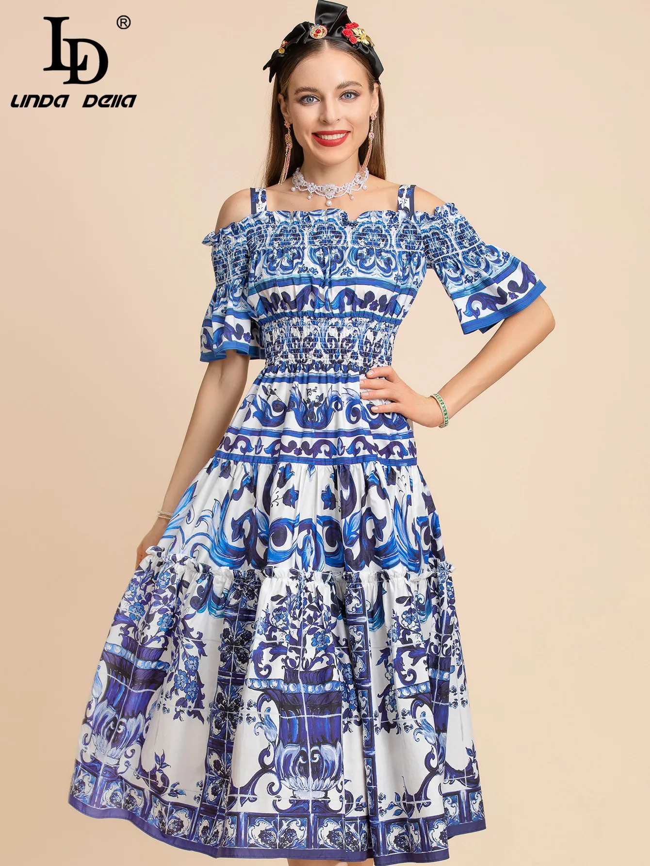 LD LINDA DELLA Summer Fashion Runway Cotton Dress Spaghetti Strap Blue and White Porcelain Printing Vacation Midi Dresses
LD LINDA DELLA Summer Fashion Runway Cotton Dress Spaghetti Strap Blue and White Porcelain Printing Vacation Midi Dresses