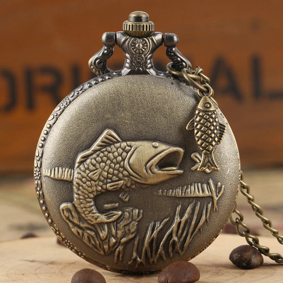 

Unique Design Vintage Bronze Fishing Pattern Necklace Pendant Quartz Pocket Watch Gift Clock For Mlae Kids Relogio Saati