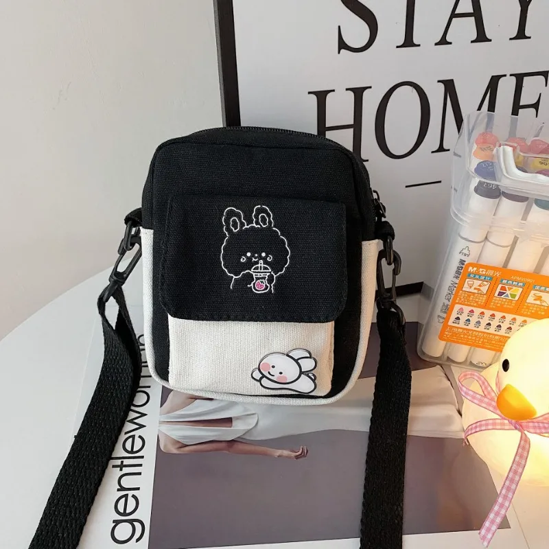 

Canvas Women's Phone Bag Cartoon Printed Shoulder Messenger Bag Hit Color Flap Purse Casual Handbag Female Shopping Bag сумка