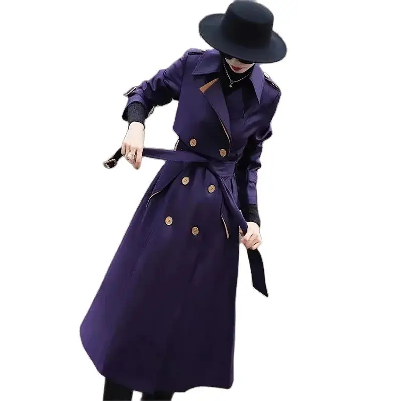 

2024 New Fashion Double Breasted tie purple Long Trench Coat For Women's Spring Autumn High Waisted Slim Windbreaker Coats 75