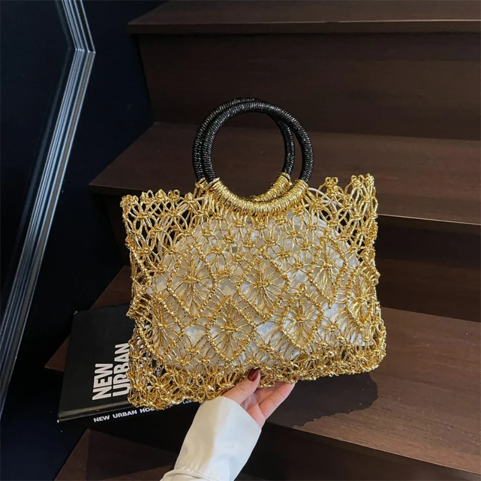 Luxury Woven Round Handle Bag - Designer Eco-Friendly Hollow-Out Handbag 3 S0bcda46694584bb6a66bb984ecf43df1U
