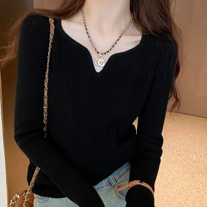 

Office Lady Solid V-neck Sweater Autumn Winter Knitted Bottoming Tops Women Casual Long Sleeve Pullover Slim Fit Clothes 28828