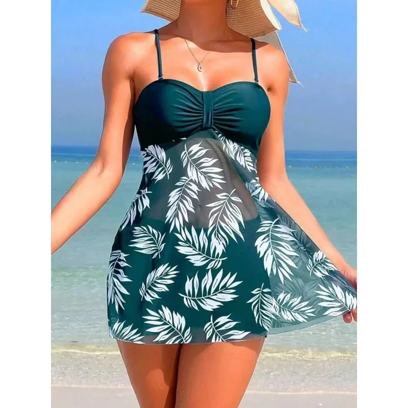 

2024 Short Dress Tankini with Shorts Swimsuit Women Swimwear Female Padded Printed Bathing Swim Suit Swimming Beachwear Summer