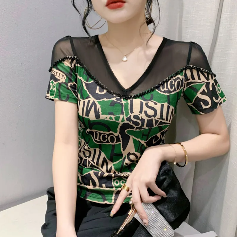 

#6146 Mesh See Through T Shirt Women Beading V-neck Sexy Tight Short Womens Tshirt Vintage Letters Printed T Shirt Femme Summer