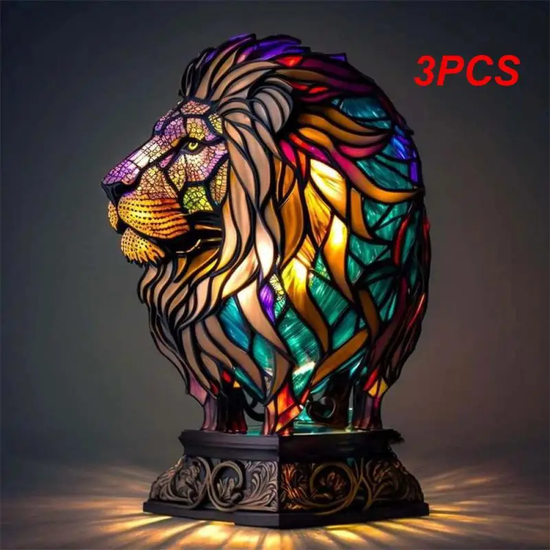 

3PCS Resin Stained Glass Animal Table Light Owl Lion Wolf Cat Elephant Table Lamp Night Light for Living Room Bedroom Home