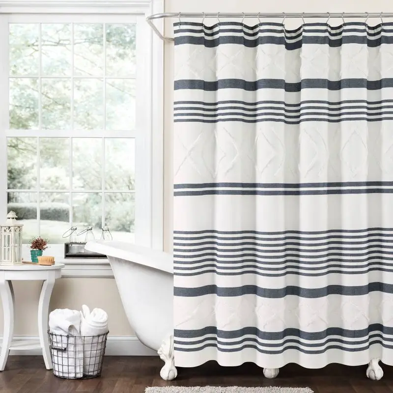 

Urban Diamond Striped Woven Tufted Eco-Friendly Recycled Cotton Shower Curtain (72"x72") - Navy Blue