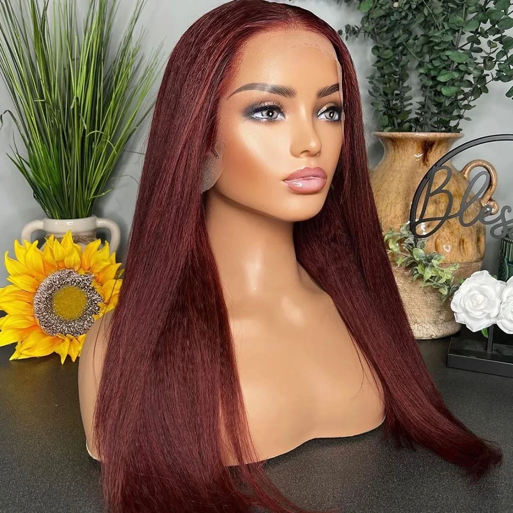 

QW Yaki Straight 99J Red Burgundy Wig Soft Synthetic Hair Lace Wigs 13x4 Lace Front Wig Heat Resistant Fiber Cosplay