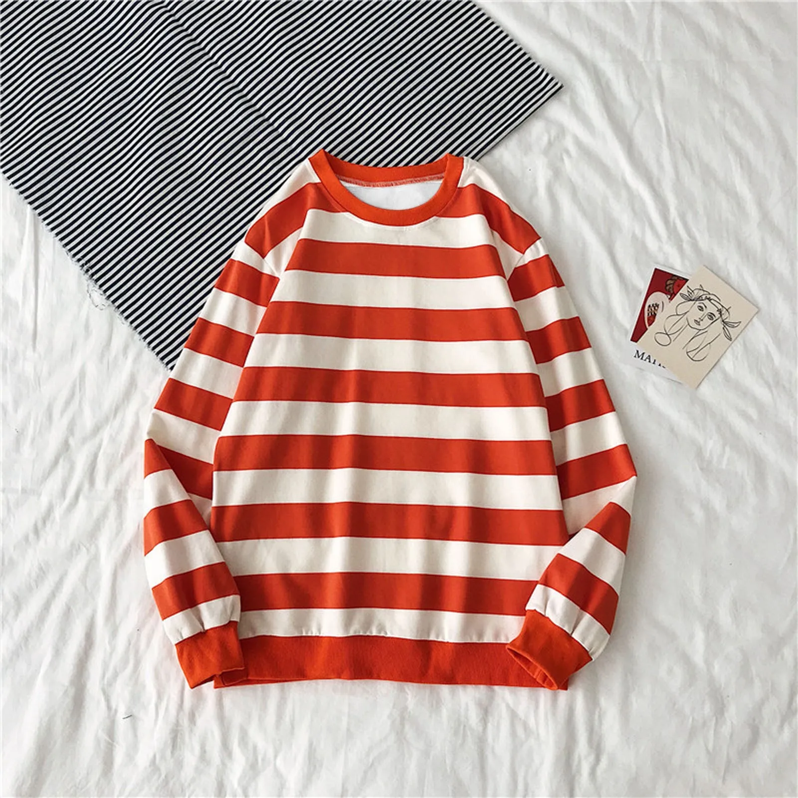 

2024 Spring New Casual Sweatshirts Striped Long Sleeve T-Shirt Tops Fashion Harajuku Pullover Hoody Crewneck Clothes
