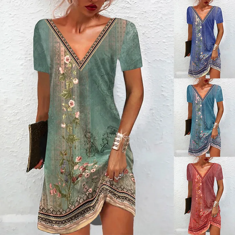 Women Retro Ethnic Style Dress Summer V Neck Floral Print Short Sleeve Dresses Female Casual Holiday Beach Loose Dress Vestidos
Women Retro Ethnic Style Dress Summer V Neck Floral Print Short Sleeve Dresses Female Casual Holiday Beach Loose Dress Vestidos