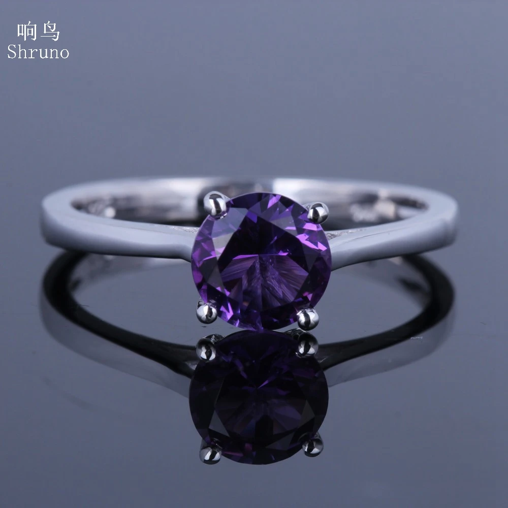 

HELON Solid 14k White Gold Flawless Round 6.5mm Genuine Natural Amethyst Engagement Wedding Ring For Women Jewelry Gift