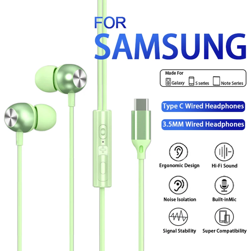 

Type C Headphones For Samsung Galaxy S24 S23 S21 S22 Ultra Wired Earphones A53 A52 A34 A54 Note 20 5G 3.5mm Jack Earbud Headset