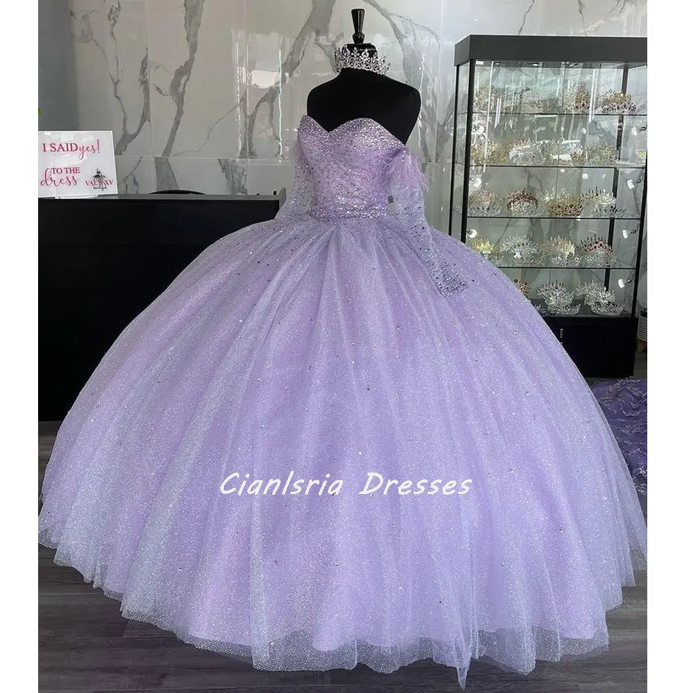 

Lilac Glitter Crystal Beading Quinceanera Dress Ball Gown Off The Shoulder Long Sleeve Feathers Corset Vestido De 15 Anos