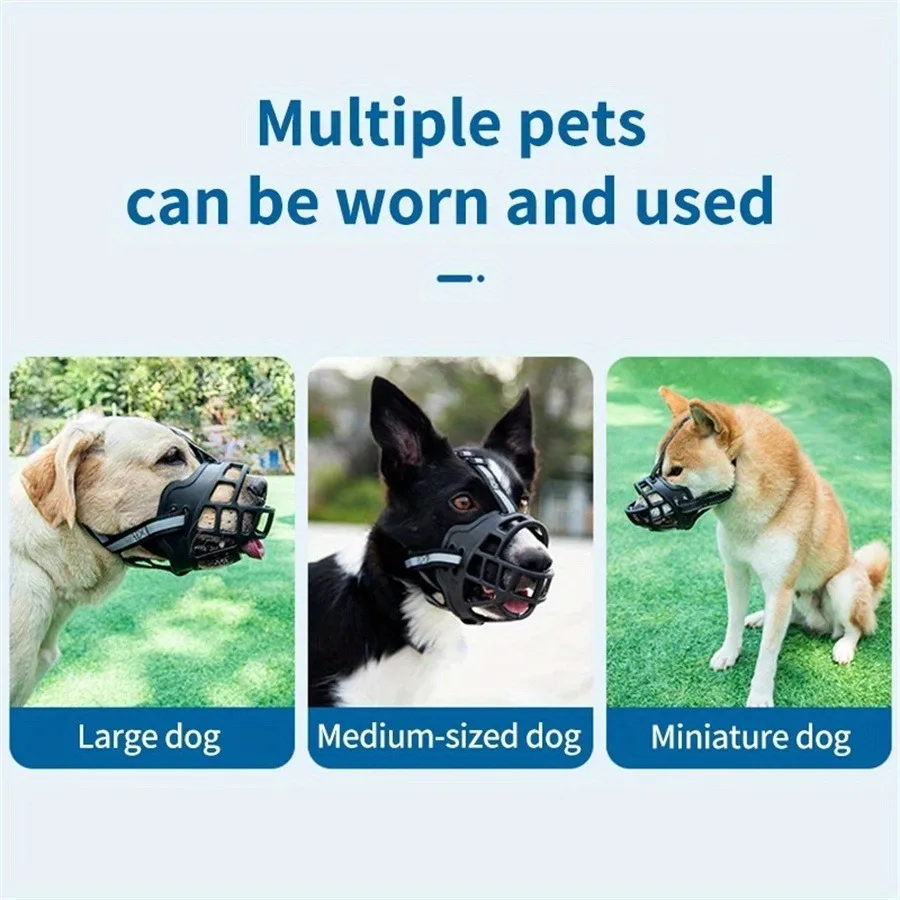 Adjustable Dog Muzzle | Breathable Comfortable for Small to Large Dogs Three side-by-side photos showing different dog breeds wearing a black basket muzzle to demonstrate versatility. The categories are labeled "Large dog" (Yellow Labrador), "Medium-sized dog" (Border Collie), and "Miniature dog" (Shiba Inu). The header reads "Multiple pets can be worn and used."
