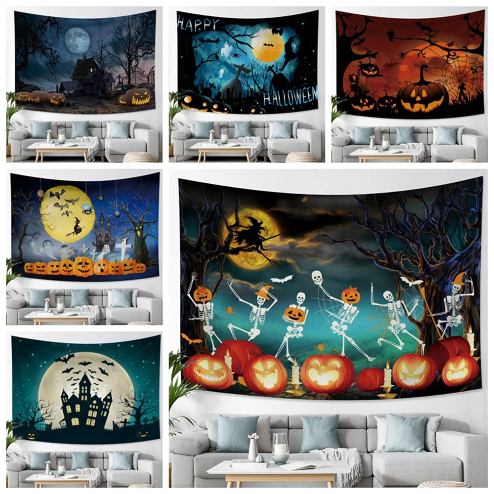 

Halloween Decoration Tapestry Wall Hanging Horror Skeleton Pumpkin Lantern Castle Witch Aesthetic Room Decor Carpet Tapestries