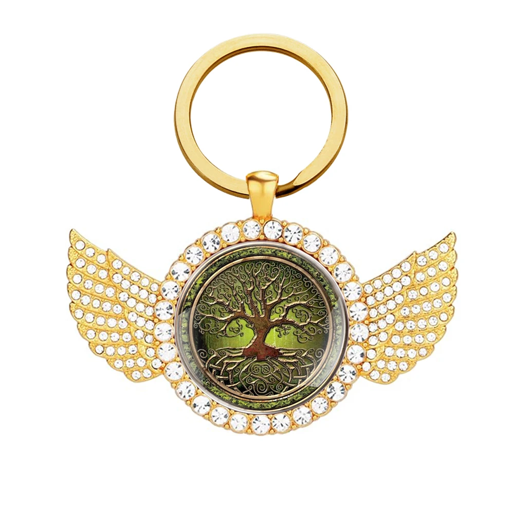 

High Quality Charm tree of Life Glass Cabochon Metal Pendant Keychains With Wings Personality Men Women Key Ring Jewelry Gifts