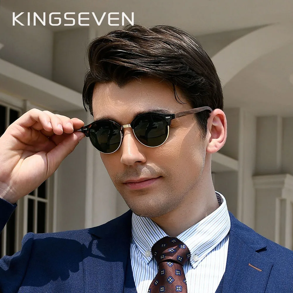 

KINGSEVEN Handmade Black Walnut Wooden Sunglasses Men Polarized UV400 Protection Semi-Rimless Retro Eyewear Women Oculos