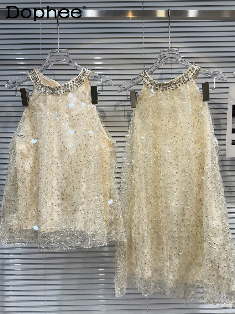 

Sweet Rhinestone Beaded Sequin A Line Mini Dress Women 2024 Summer New Mesh Fabric High-End Sleeveless Halter Lace-up Dress