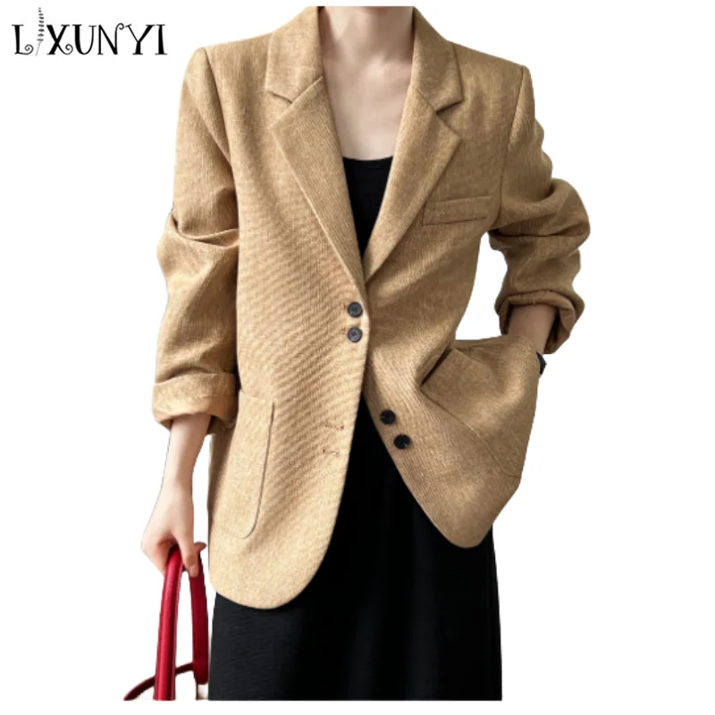 

LXUNYI Woven Suit Jacket for Women 2024 Spring Autumn New Long Sleeve Korean Turndown Collar Formal Loose Blazers Coats