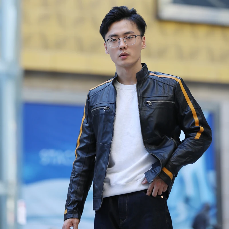 Spring autumn season stand collar yellow white stripes pattern sheepskin men sports casual short biker real leather jacket tops
Spring autumn season stand collar yellow white stripes pattern sheepskin men sports casual short biker real leather jacket tops