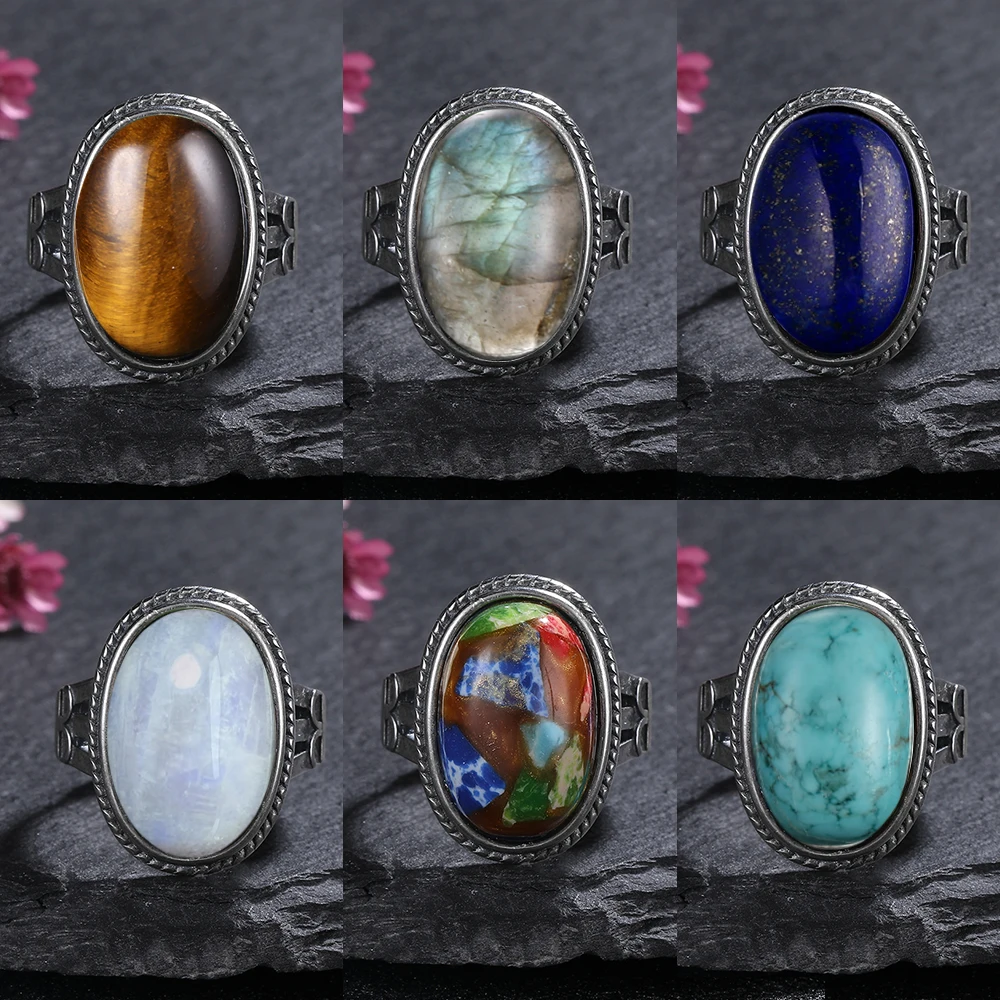 

11x17MM Big Oval Lapis Labradorite Turquoise Rings Luxury Vintage S925 Sterling Silver Ring For Women Fine Jewelry Anniversary