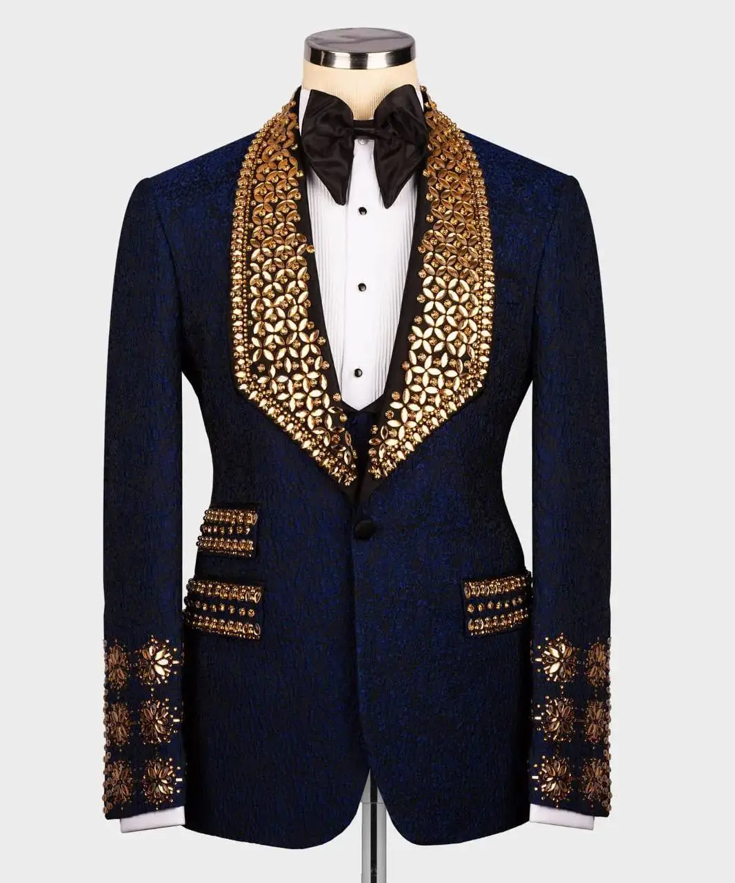

Мужской костюм из блейзера и брюк, темно-синий костюм из 2 предметов, роскошный свадебный смокинг для жениха с кристаллами, однобортный пиджак, блейзер на заказ для выпускного вечера