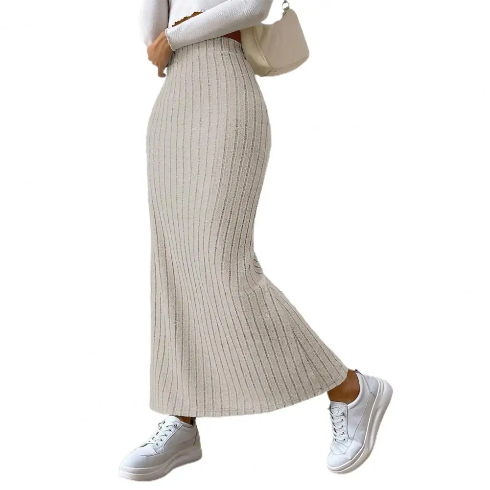 

High-waisted Skirt Long Skirt Striped High Waist Knitted Maxi Skirt for Women Warm Ankle Length Slim Fit Sheath with Split Hem