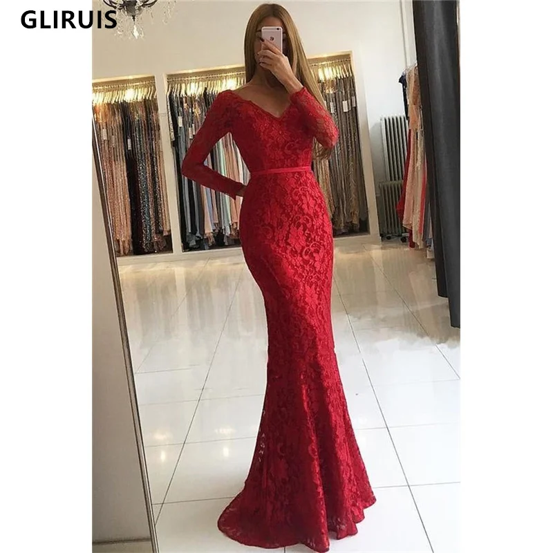 

2022 Elegant Evening Dresses Sash V-Neck Prom Dresses Mermaid Appliques Lace Full Sleeves Formal Party Second Reception Gowns