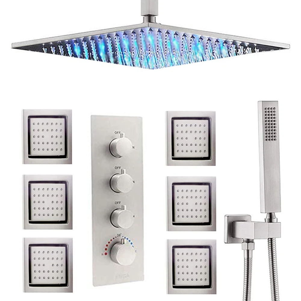 

Thermostatic LED 16 Inch Brushed Nickel Ceiling Rainfall Shower System With 6 PCS Body Jets Mixer Set