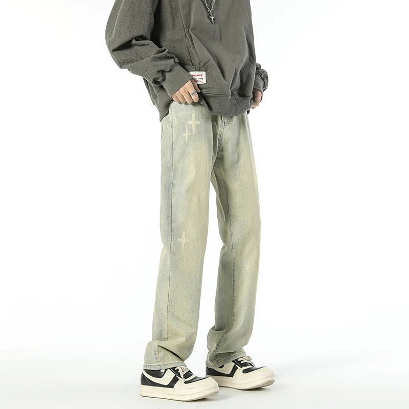 2023 Autumn/Winter New American High Street Vibe Star Printed Jeans Men's Straight Sleeve Elastic Yellow Mud Long Pants
2023 Autumn/Winter New American High Street Vibe Star Printed Jeans Men's Straight Sleeve Elastic Yellow Mud Long Pants