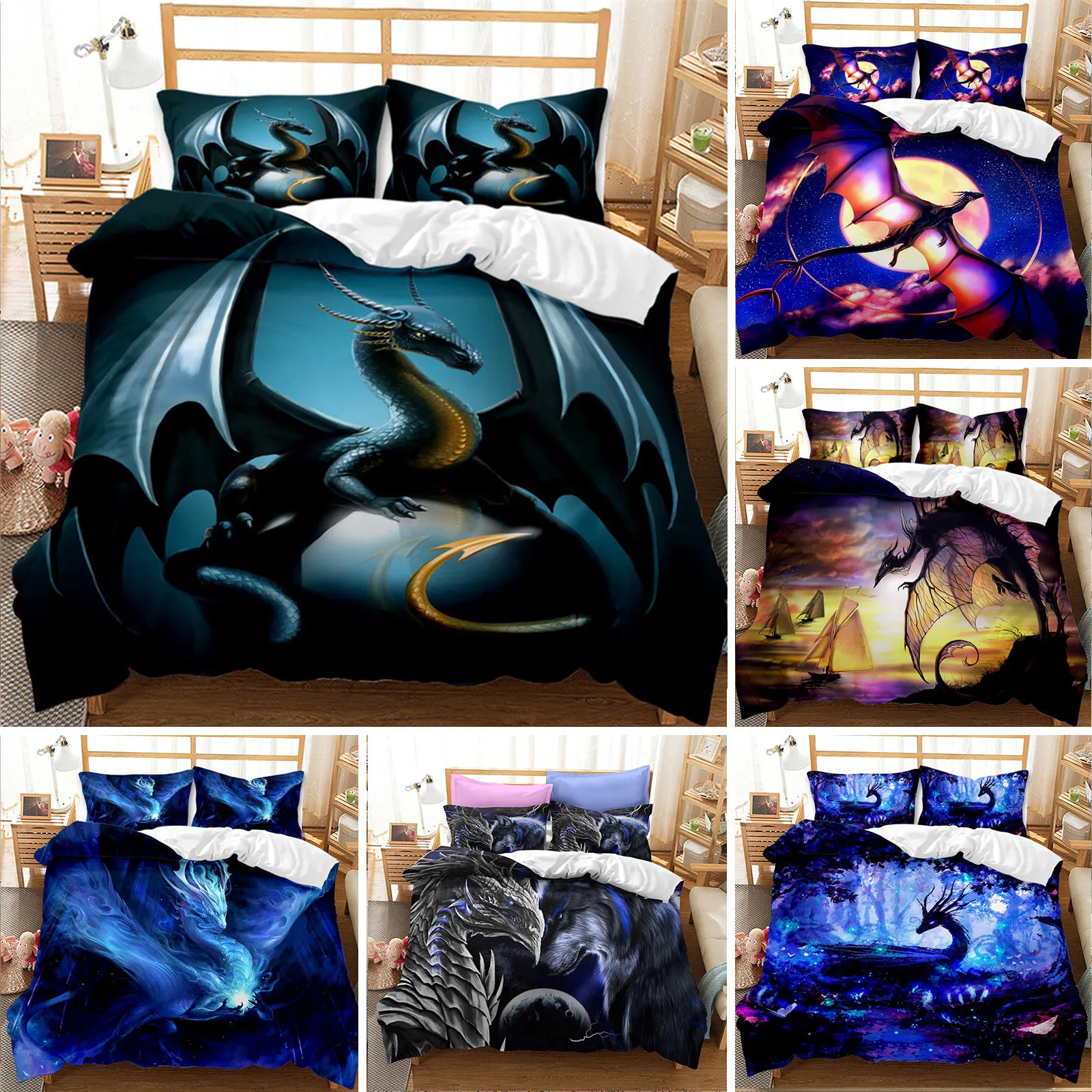 

Flying Dragon Duvet Cover Microfiber Ancient Wild Animal Bedding Set Gothic Theme Monster Comforter Cover For Children Boys Teen