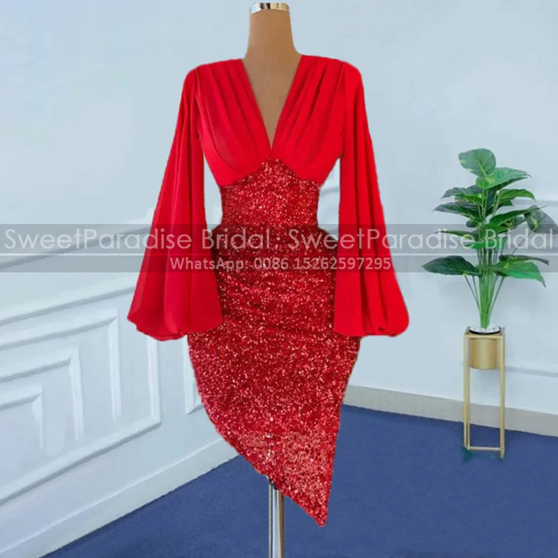 Асимметричное коктейльное платье-футляр Красные Блестки с длинными рукавами «Епископ» Русалка с V-образным вырезом Короткое маленькое мини-платье для женщин 
Асимметричное коктейльное платье-футляр Красные Блестки с длинными рукавами «Епископ» Русалка с V-образным вырезом Короткое маленькое мини-платье для женщин