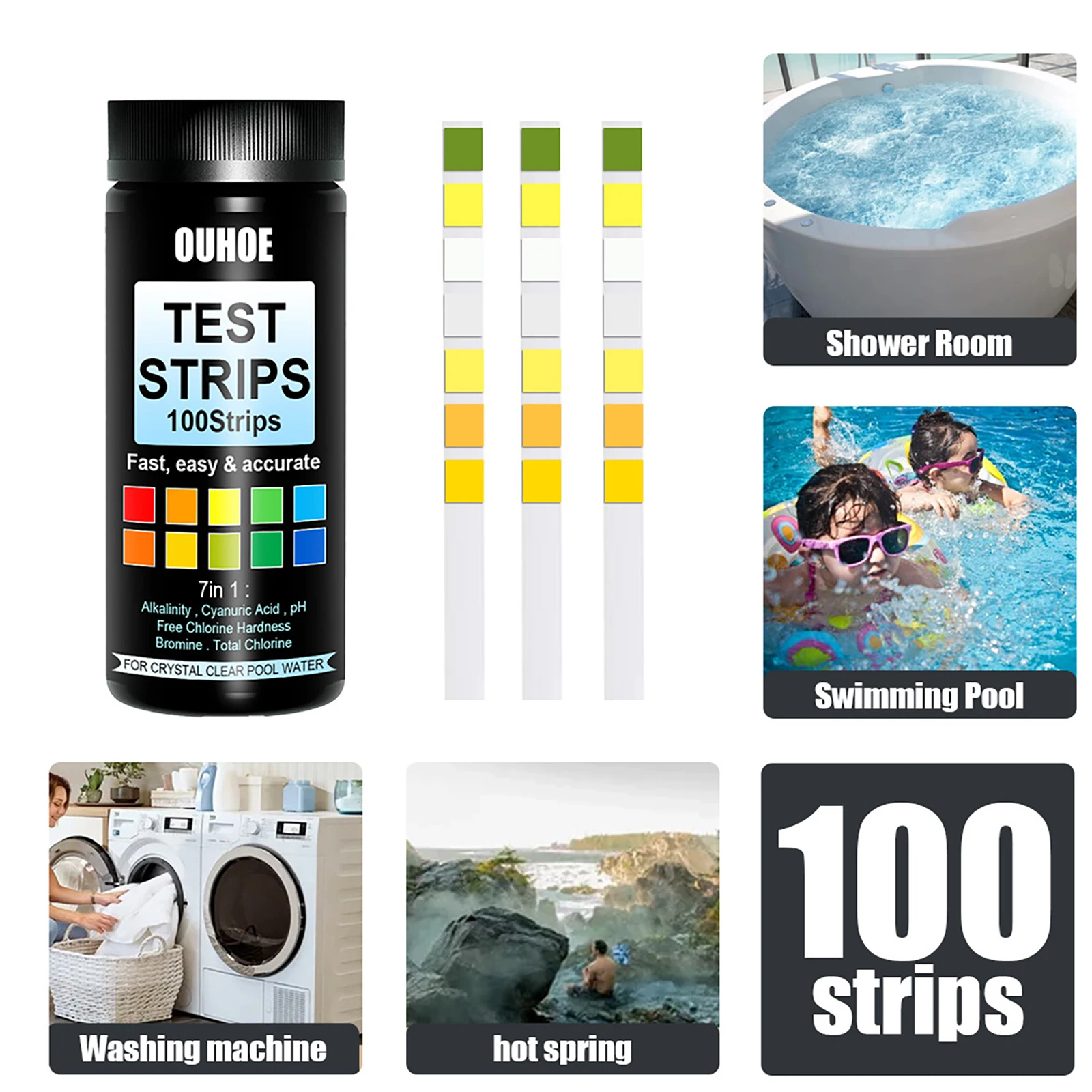 

Spa Pool Test Strips 7 in 1 Pool Test Kit pH Hardness Chlorine Test Strips Multifunctional pH Alkalinity Acid Hot Tub Test Strip