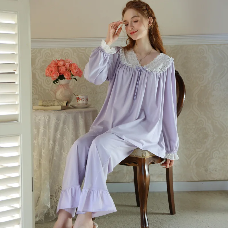 

Women Sweet Pajama Fairy Long Sleeve Pajamas Sets Summer Cotton Tops Pants Loungewear Princess Sleepwear Nightwear