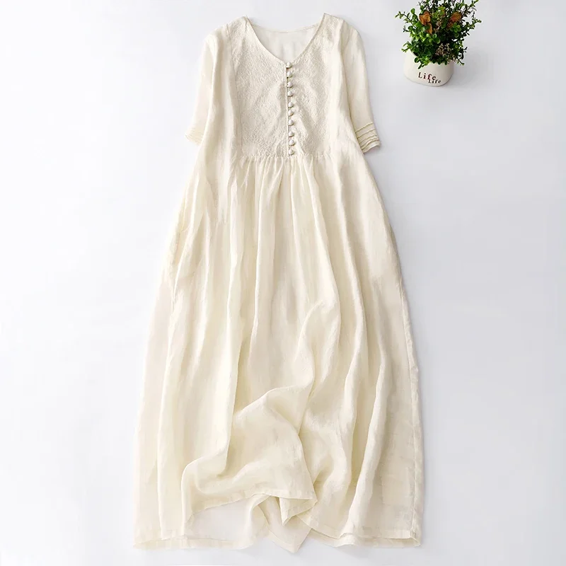 

Summer High Quality Embroidery Cotton Linen Dress V-Neck Apricot Literary A-Line Large Size Long Dresses Soft V127