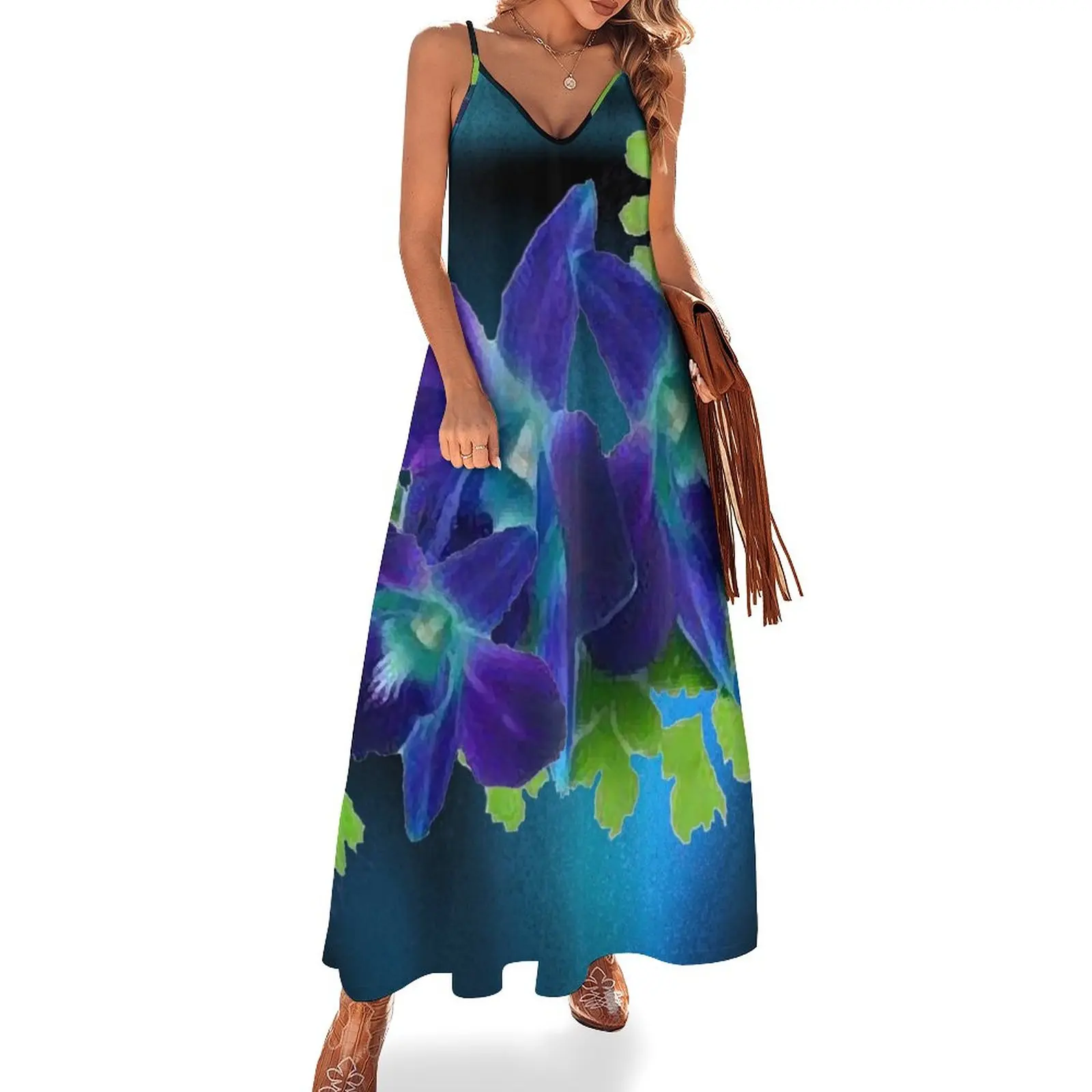 

Гавайская голубая Орхидея и папоротник без рукавов платье вечернее платье чувственное сексуальное платье для женщин элегантные вечерние платья для женщин 2024